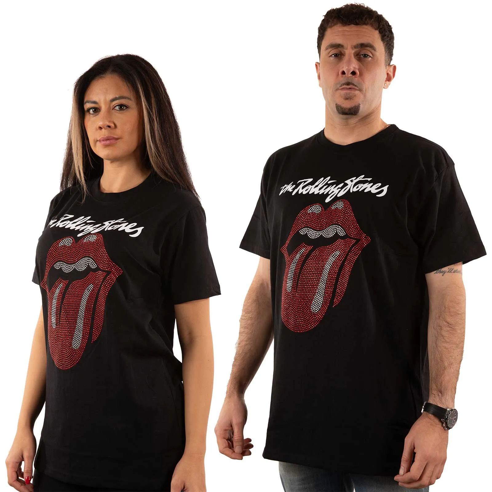 The Rolling Stones - Unisex Embellished T-Shirt Logo & Tongue Diamante, Embellished, Crystals, Rhinestones, Red Diamante, White Diamante artwork