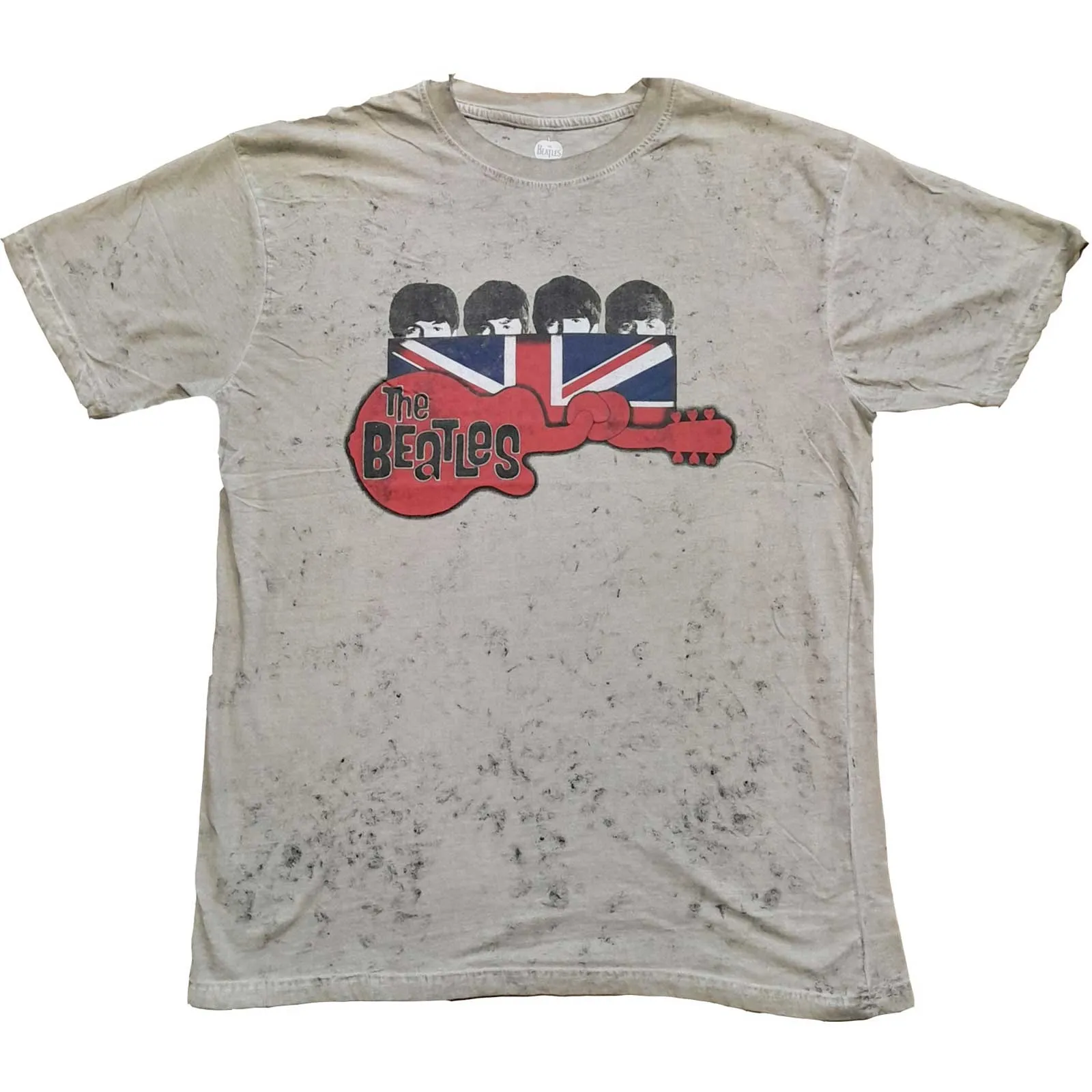 The Beatles - Unisex T-Shirt Guitar & Flag Snow Wash, Dye Wash artwork