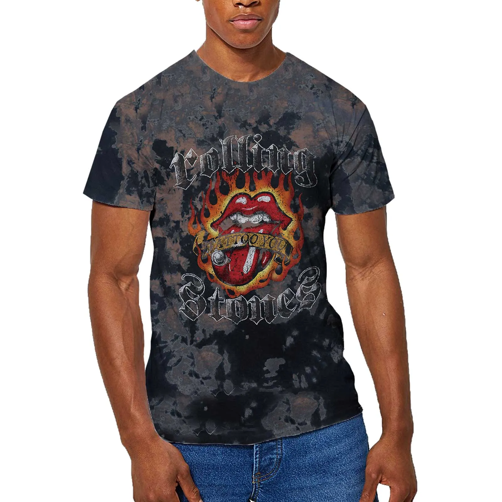 The Rolling Stones - Unisex T-Shirt Tattoo Flames Dip Dye, Dye Wash artwork
