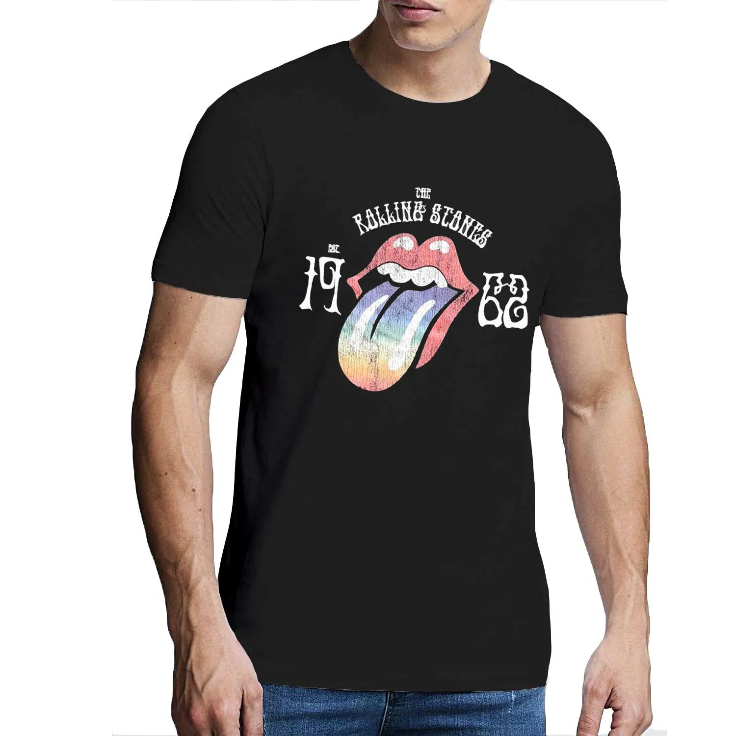 The Rolling Stones - Unisex Hi-Build T-Shirt Sixty Rainbow Tongue '62 Hi-Build, Puff Print artwork