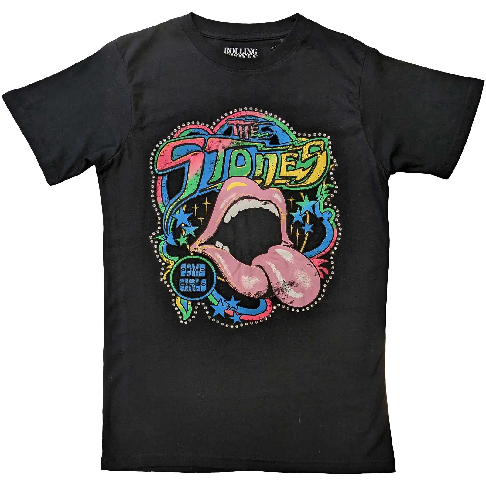 The Rolling Stones - Unisex Embellished T-Shirt Some Girls Neon Tongue Diamante, Embellished, Crystals, Rhinestones, Clear Diamante artwork
