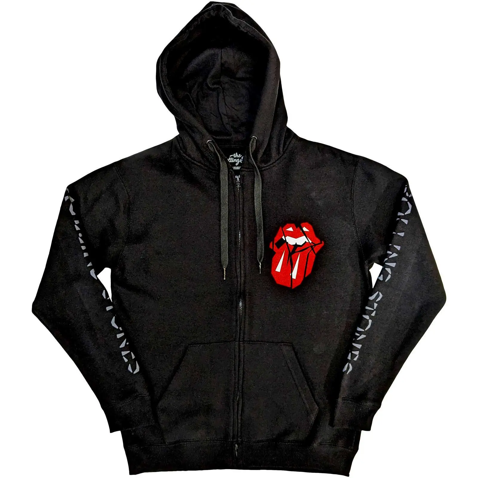 The Rolling Stones - The Rolling Stones Unisex Zipped Hoodie: Hackney Diamonds Shattered Tongue (Sleeve Print)  Hackney Diamonds Shattered Tongue Long Sleeves artwork